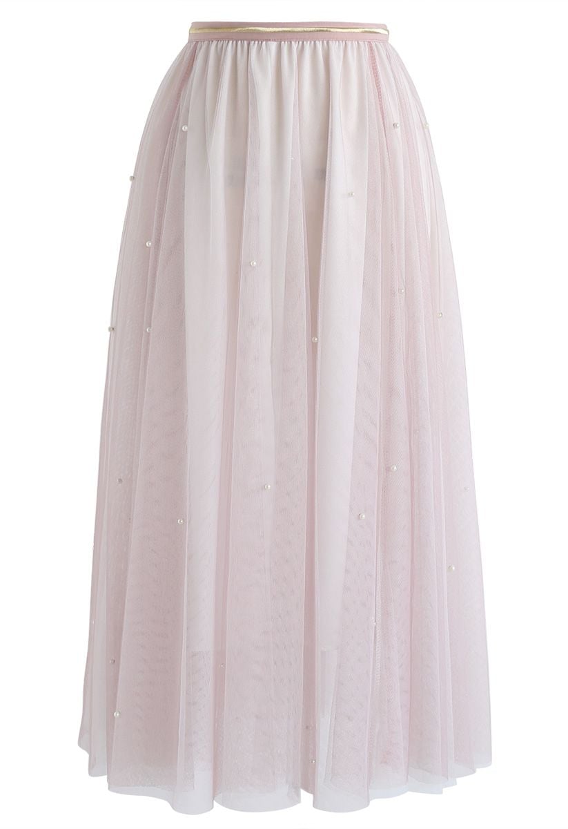 Scattered Pearls Gradient Mesh Tulle Skirt in Pink