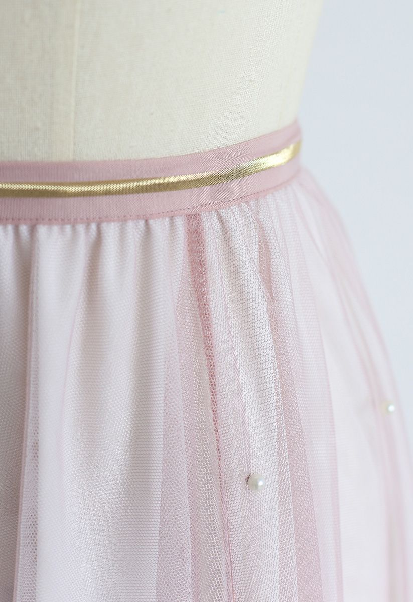 Scattered Pearls Gradient Mesh Tulle Skirt in Pink