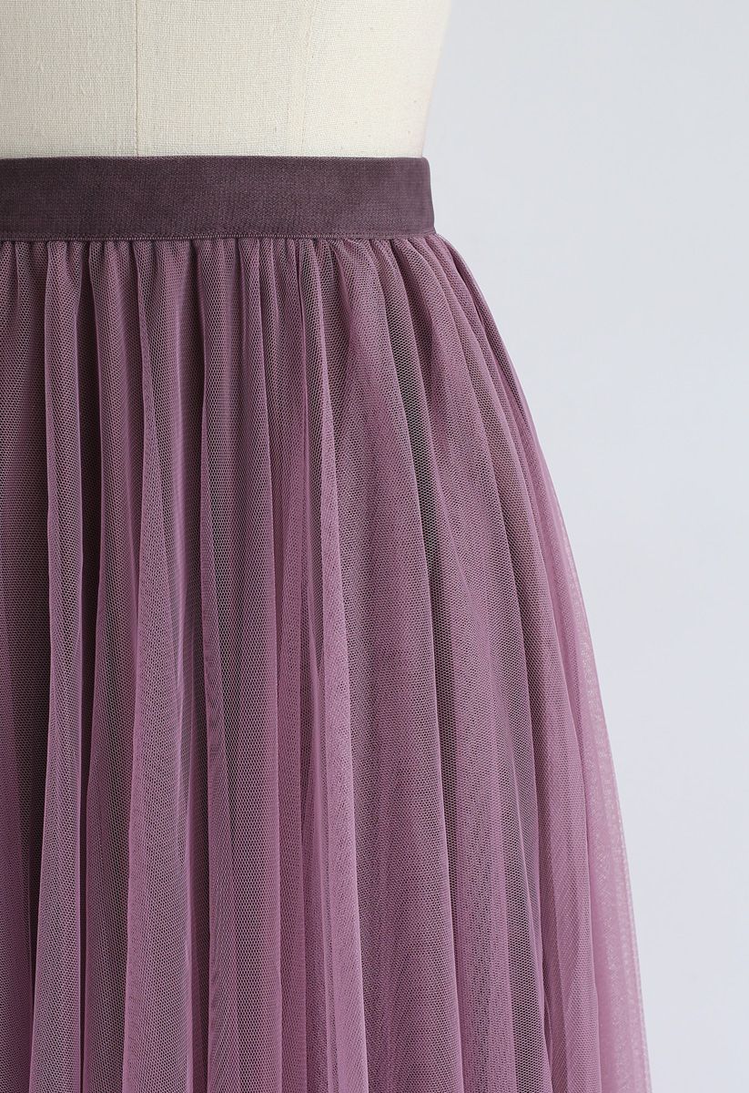 Mix and Match Velvet Mesh Pleated Skirt in Plum