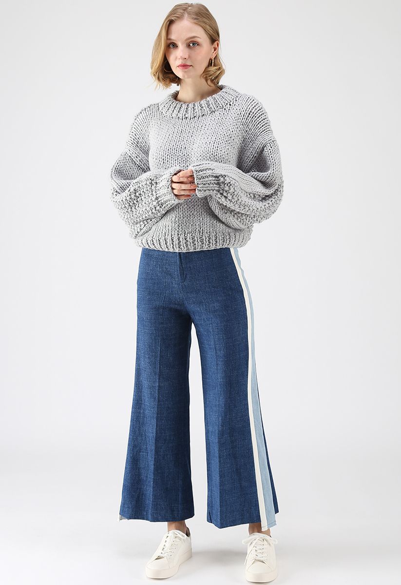 Chunky Chunky Puff Sleeves Cropped Sweater in Grey