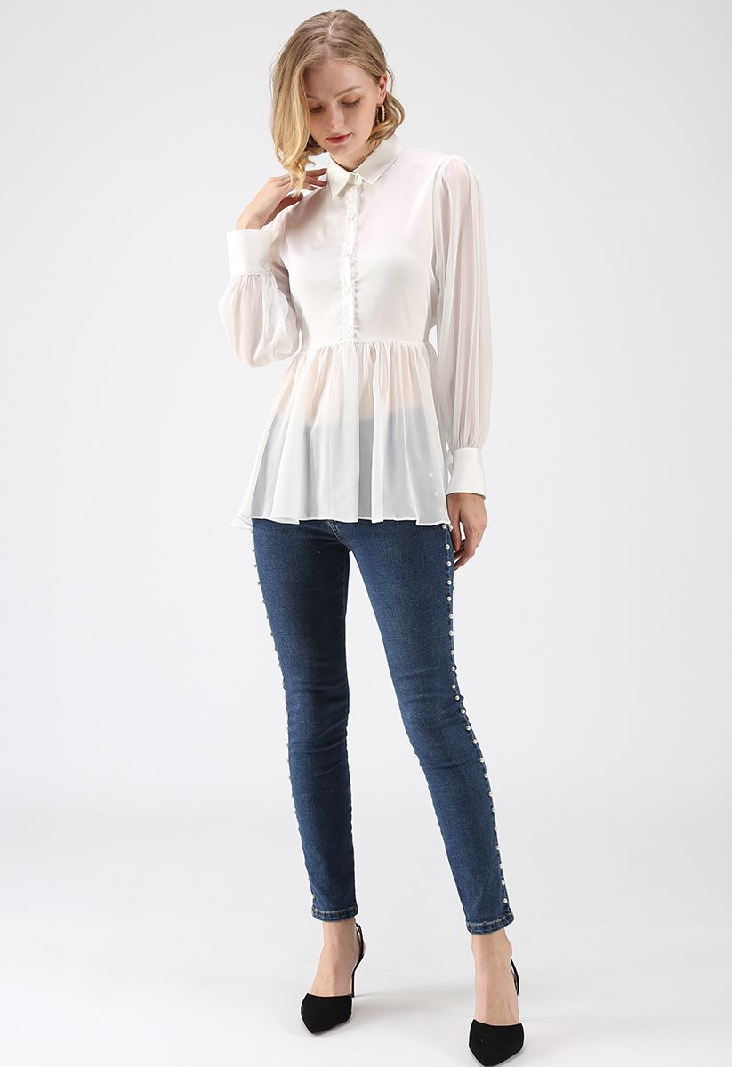 Here and Now Peplum Frilling Top in White