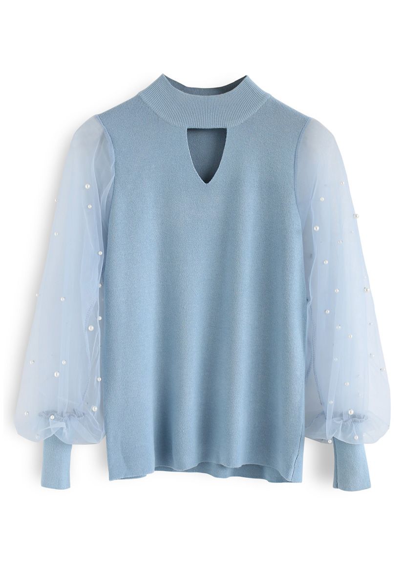 Dreamy Pearls Bubble Sleeves Knit Top in Blue