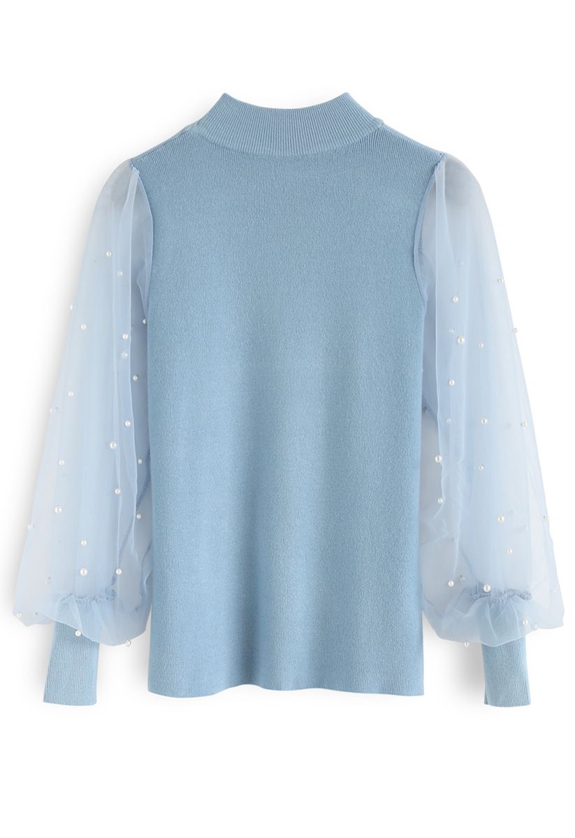 Dreamy Pearls Bubble Sleeves Knit Top in Blue