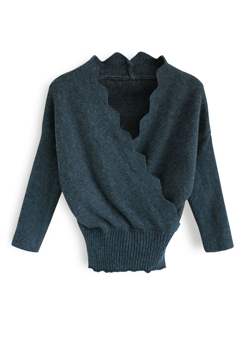 Cafe Time Wavy Wrap Knit Top in Teal