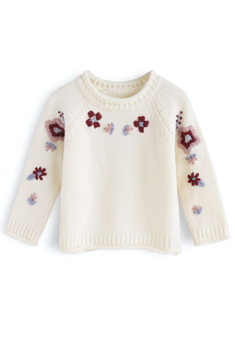 Add More Flowers Embroidered Sweater in Ivory For Kids