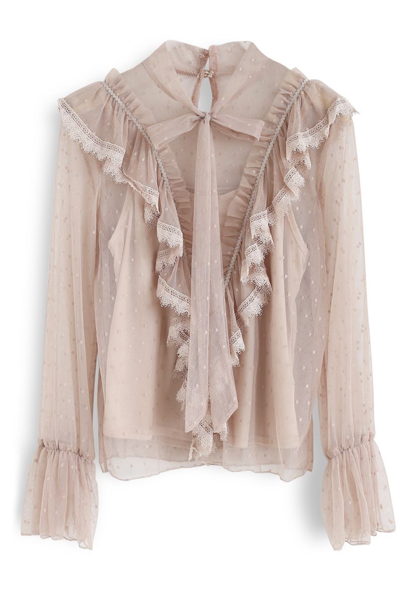 Comforting Days Ruffle Mesh Top in Tan