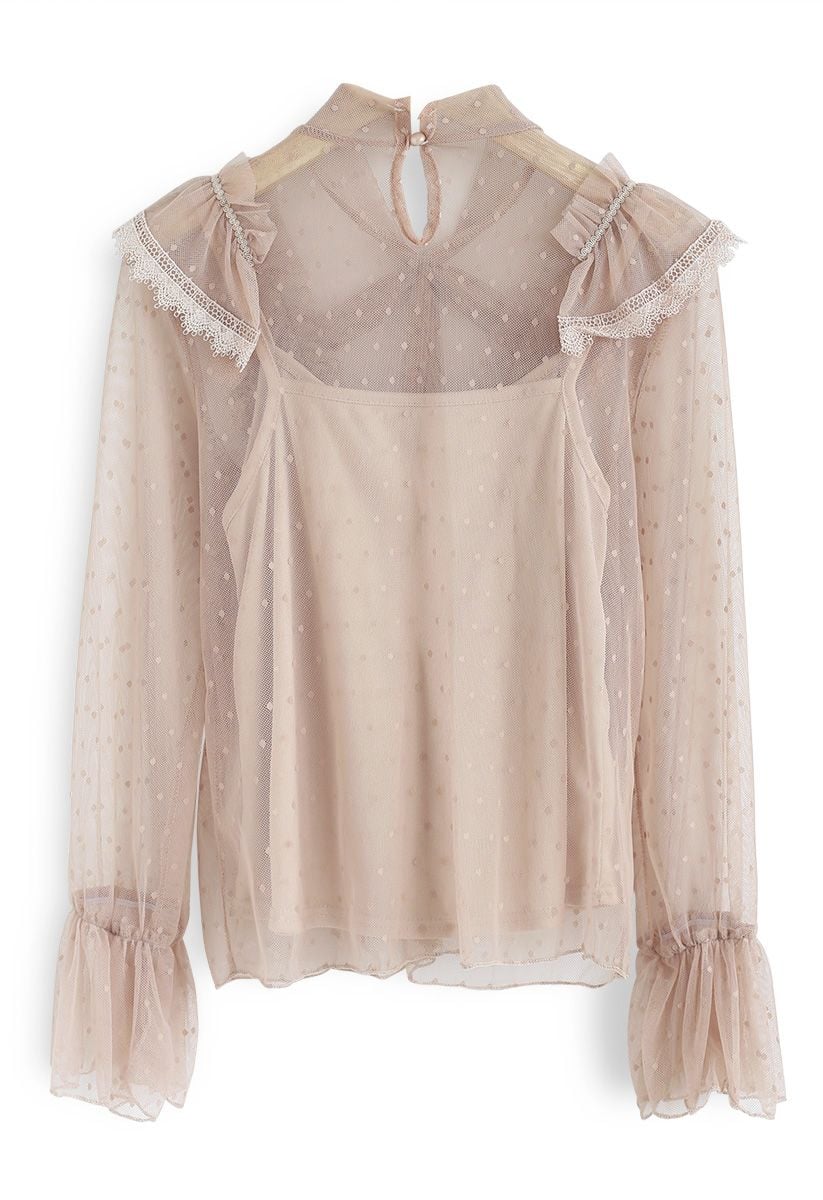 Comforting Days Ruffle Mesh Top in Tan