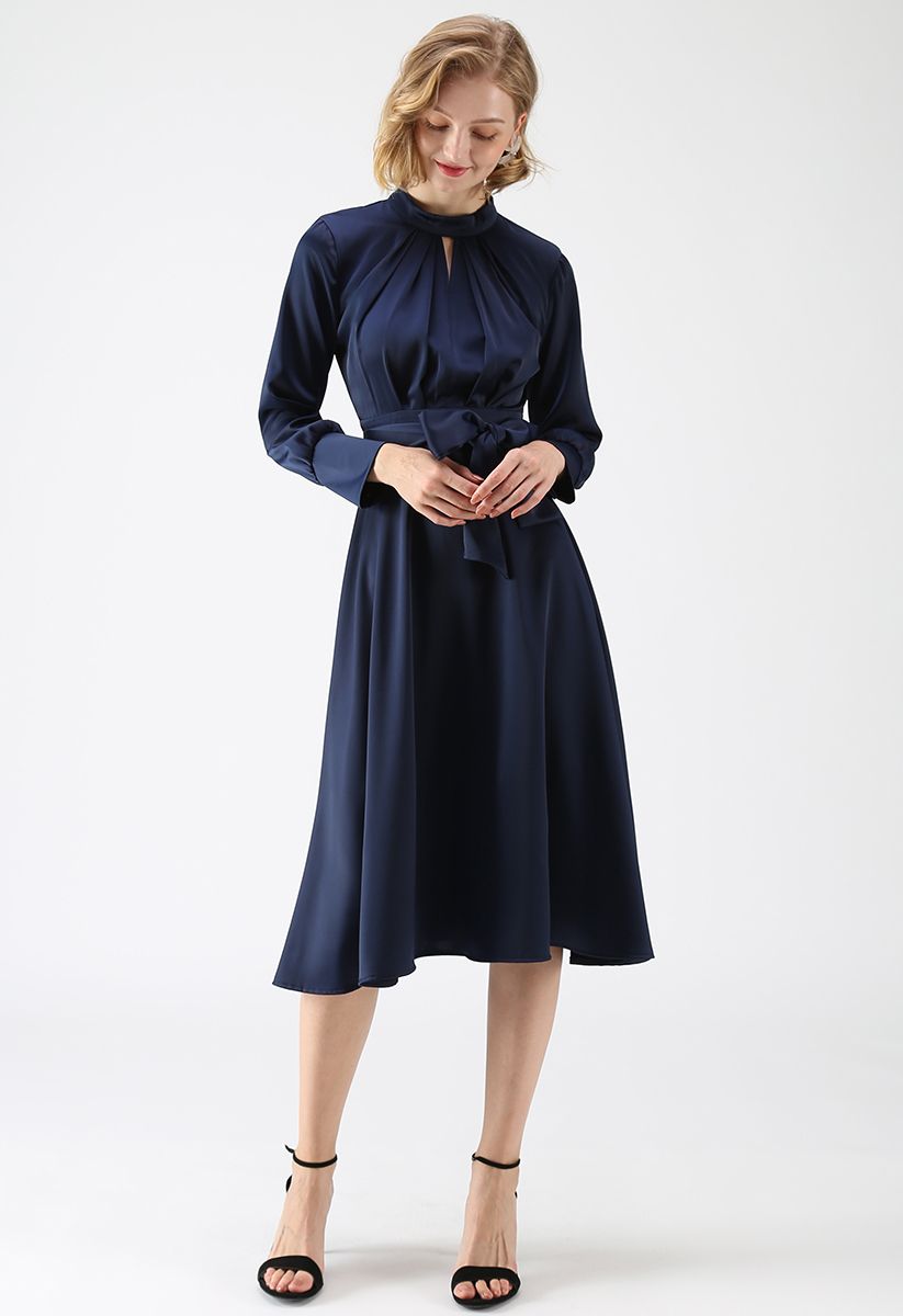 Grab the Spotlight Bowknot Satin Dress in Navy - Retro, Indie and ...