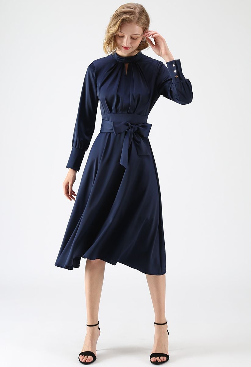 Grab the Spotlight Bowknot Satin Dress in Navy