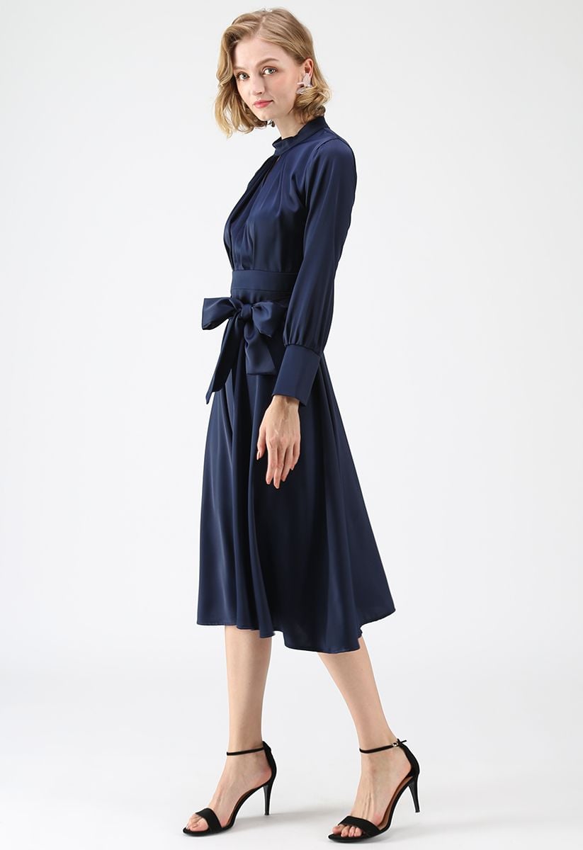 Grab the Spotlight Bowknot Satin Dress in Navy