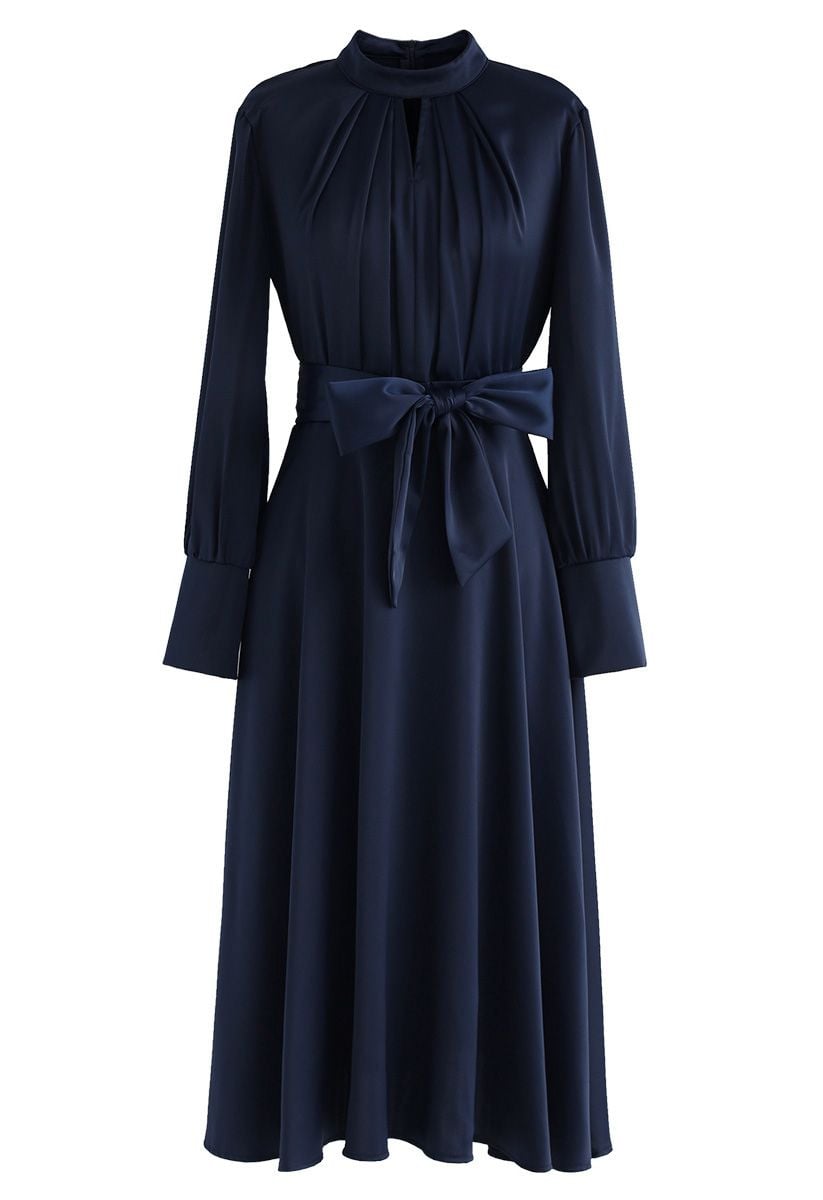 Grab the Spotlight Bowknot Satin Dress in Navy