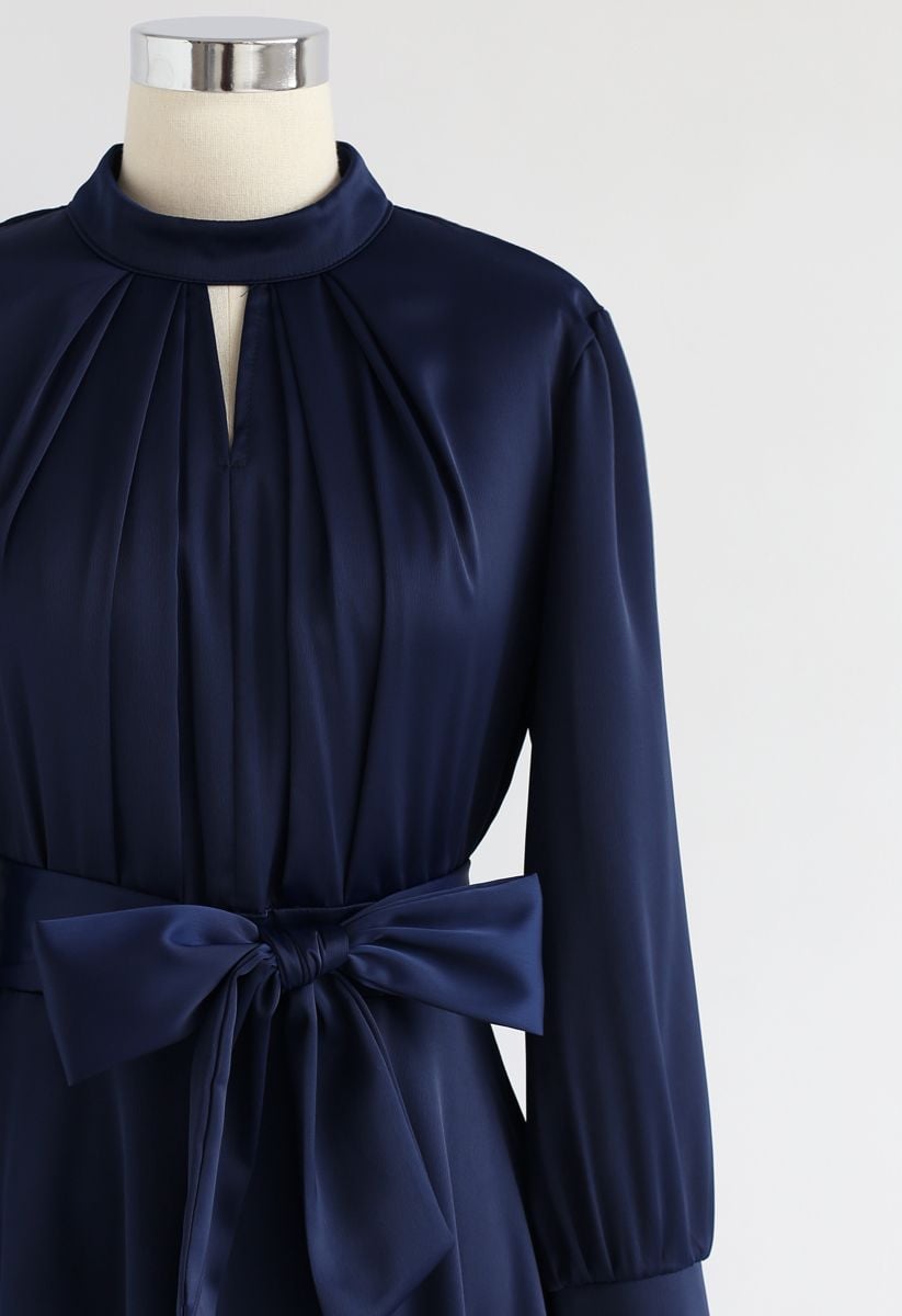 Grab the Spotlight Bowknot Satin Dress in Navy