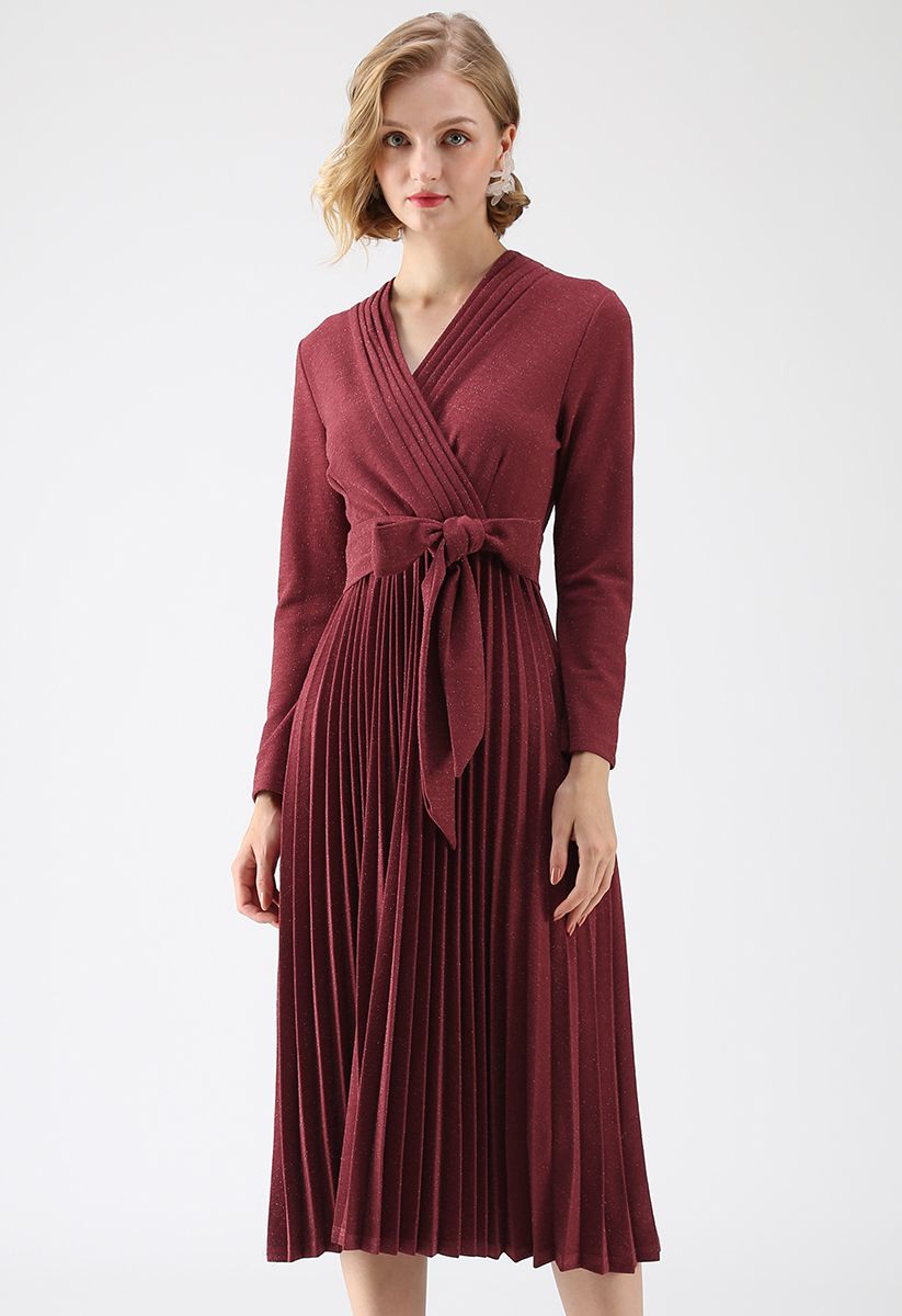 Shiny and Sparkly Pleated Midi Dress in Wine