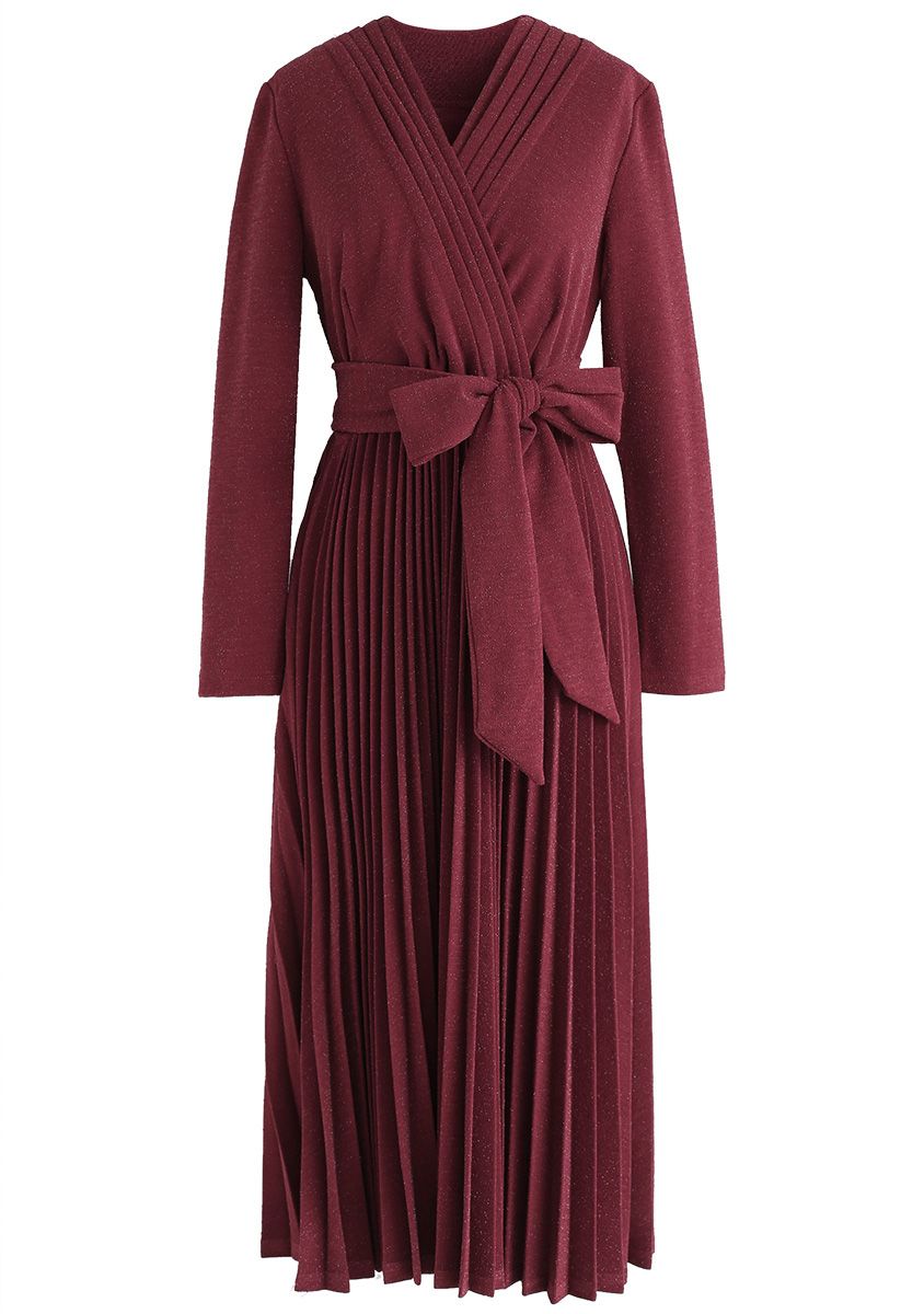 Shiny and Sparkly Pleated Midi Dress in Wine