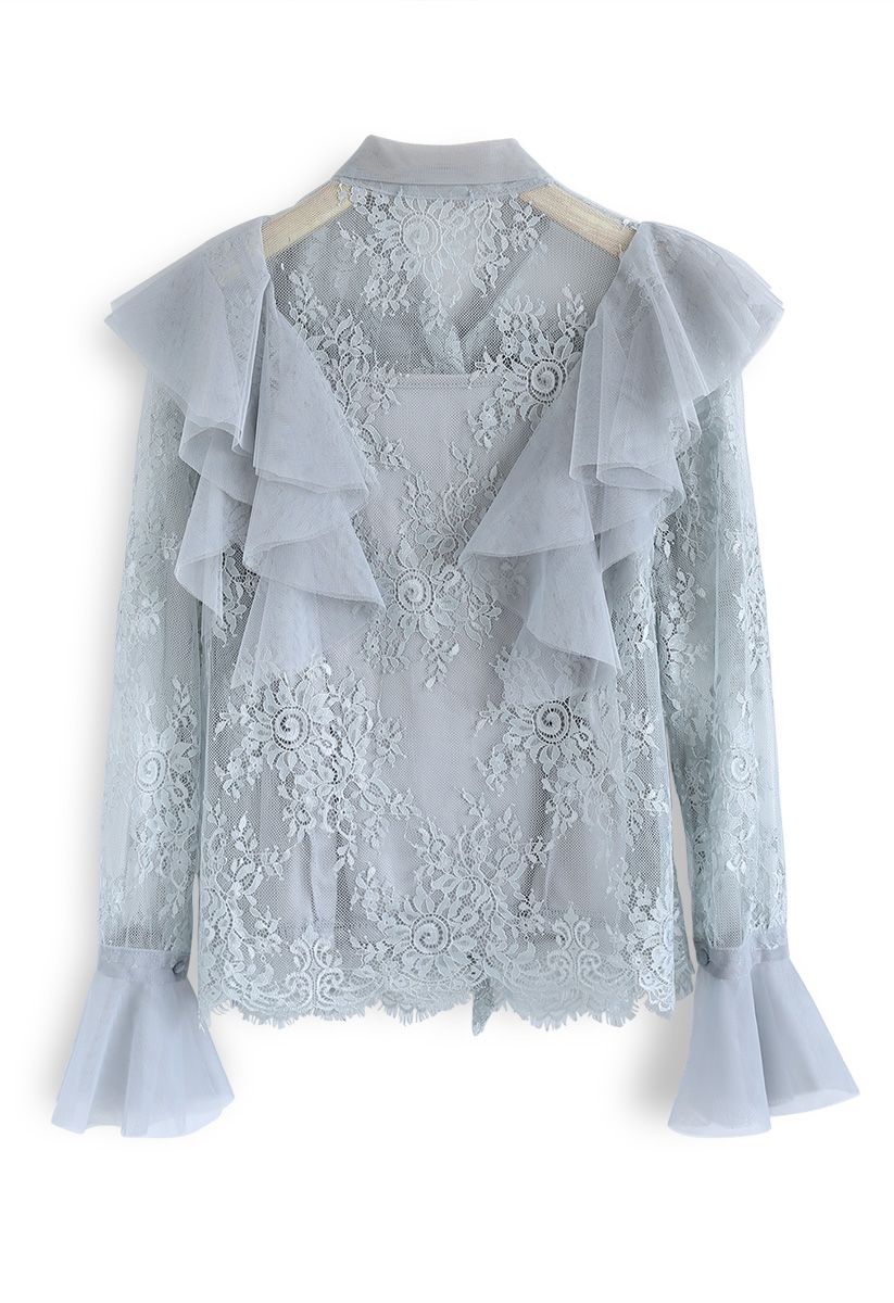 Floral and Ruffle Bowknot Lace Top in Dusty Blue