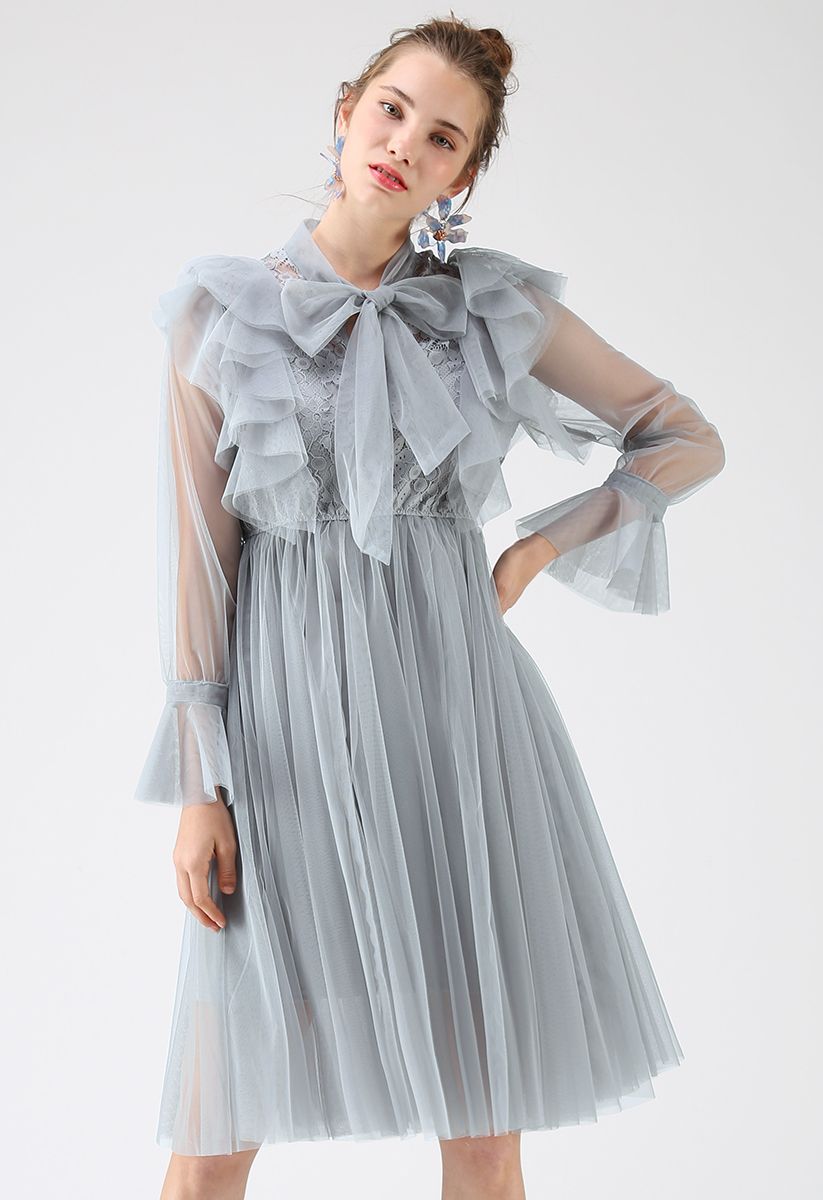 Floral and Ruffle Bowknot Tulle Dress in Dusty Blue