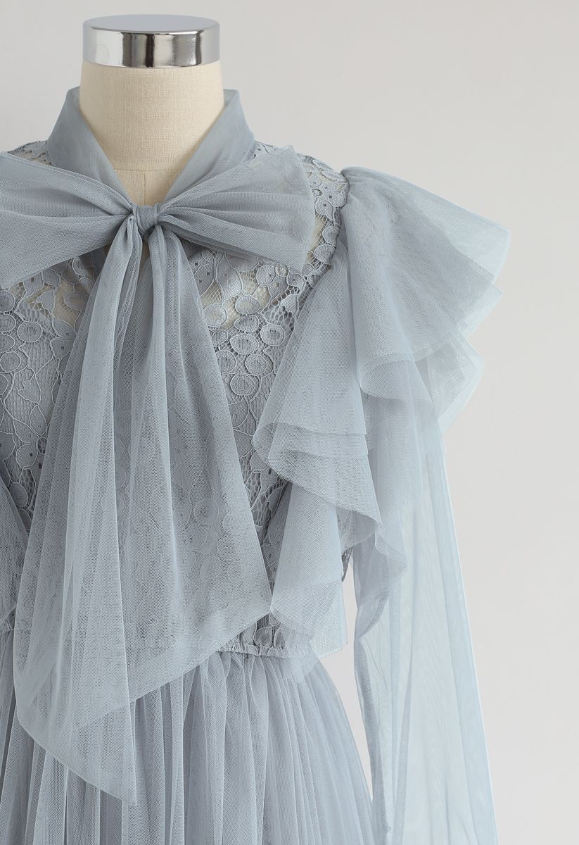 Floral and Ruffle Bowknot Tulle Dress in Dusty Blue