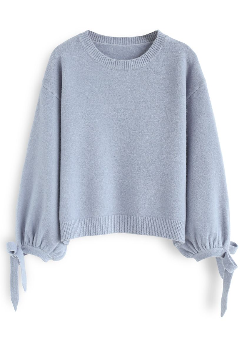 Muted Softness Bowknot Knit Sweater in Dusty Blue