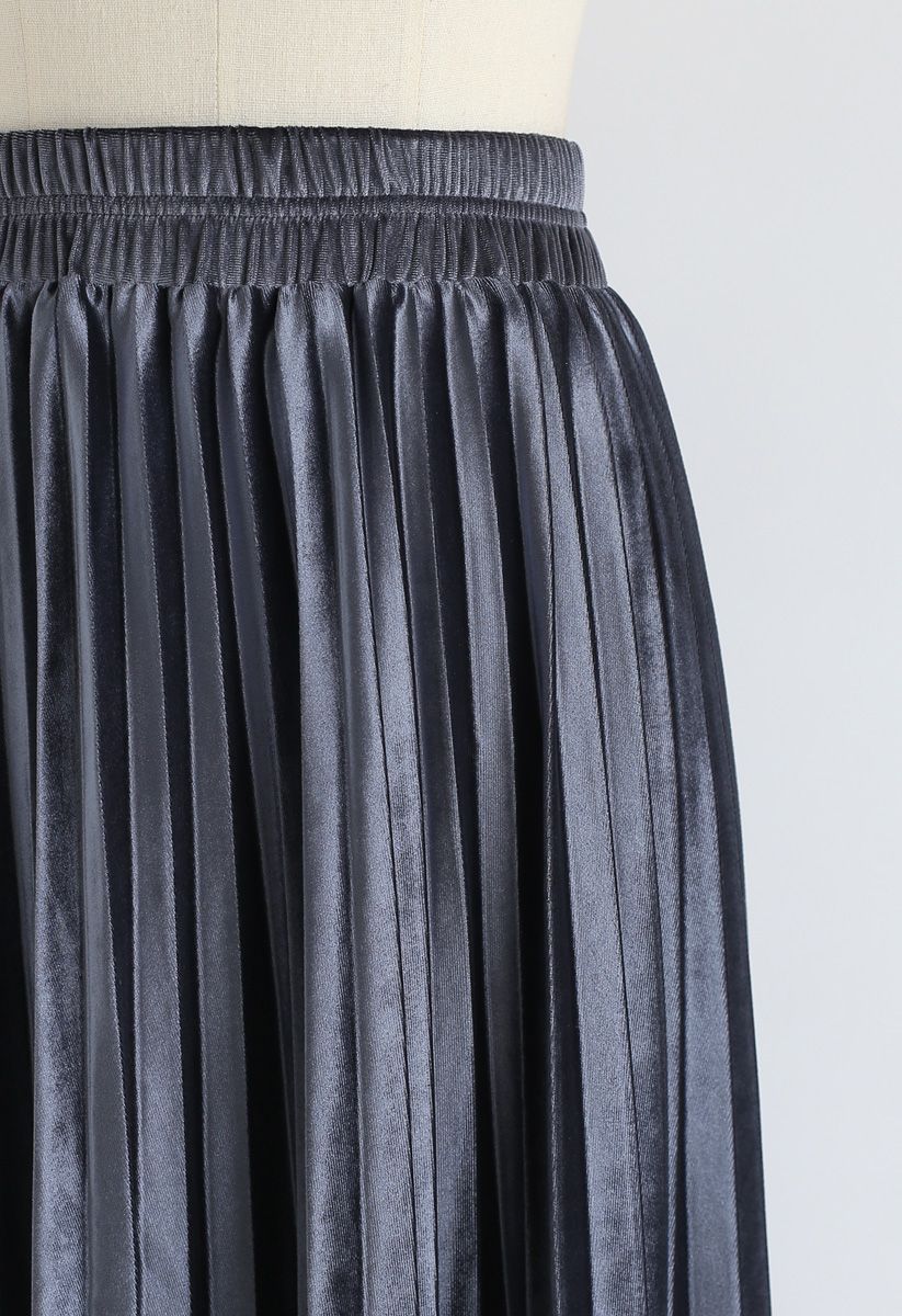 Inviting Sheen Velvet Pleated Skirt in Dusty Blue