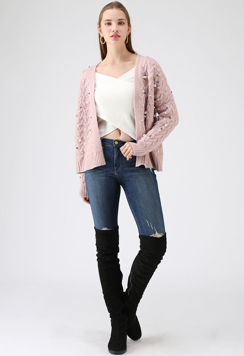 Looking at the Shining Pearls Knit Cardigan in Pink