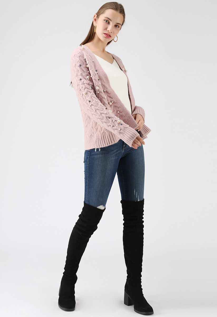 Looking at the Shining Pearls Knit Cardigan in Pink