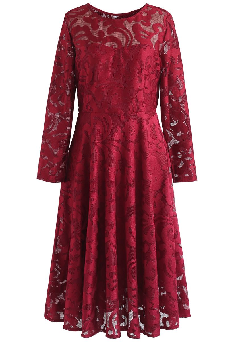 Soiree Stunner Mesh Midi Dress in Red