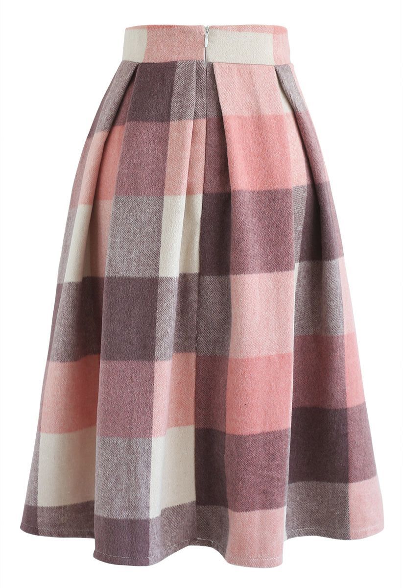 Greatest Embrace Check Wool-Blend Midi Skirt in Pink 