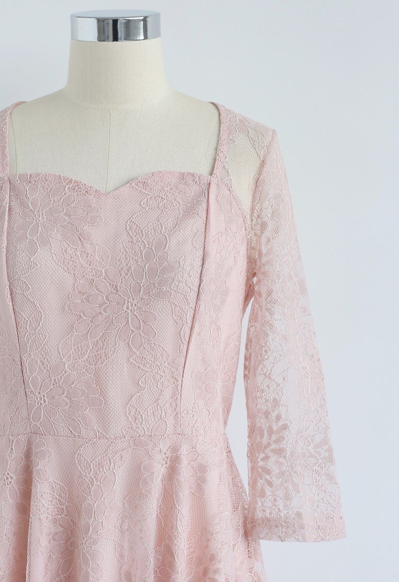 All for You Square Neck Lace Dress in Pink