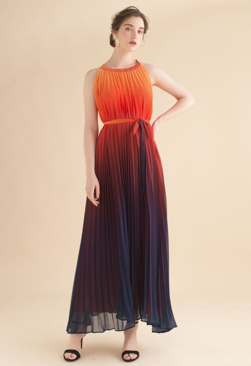 Splendor of the Sunset Gradient Pleated Maxi Dress