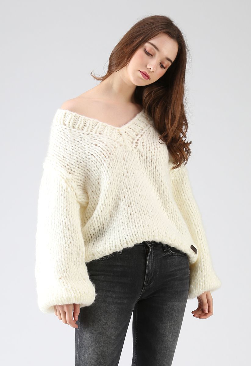 How Deep Is Your Love Hand Knit Chunky Sweater in Ivory - Retro, Indie ...