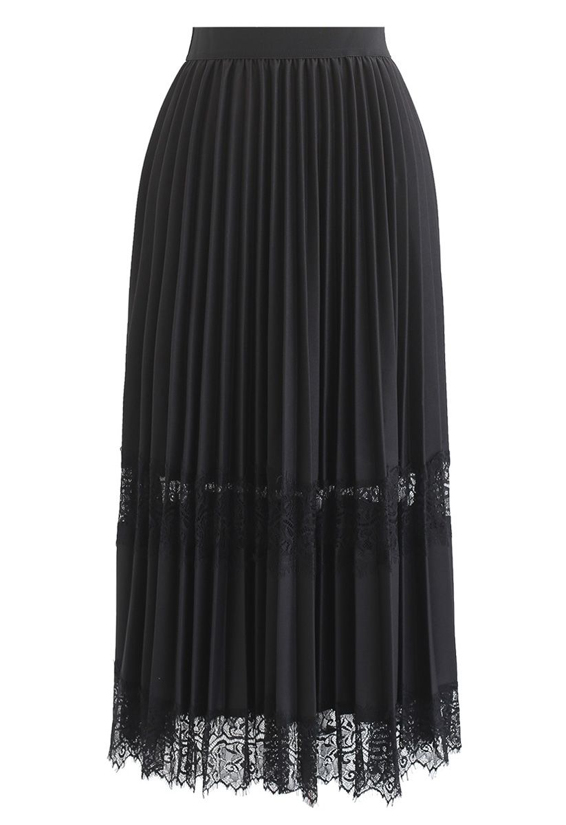 Between Lace Pleated Midi Skirt in Black