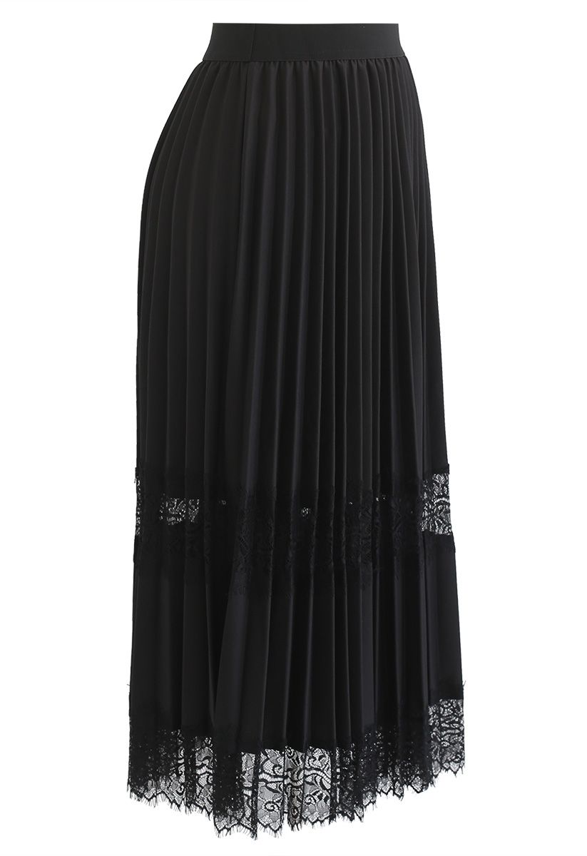 Between Lace Pleated Midi Skirt in Black