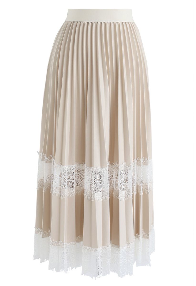 Between Lace Pleated Midi Skirt in Cream - Retro, Indie and Unique Fashion