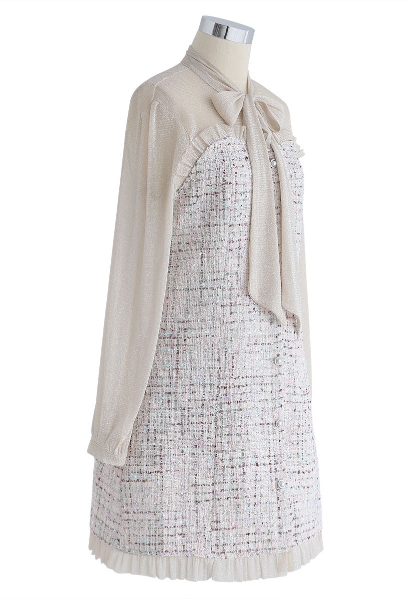 Shimmer Bowknot Mesh Tweed Dress in Cream