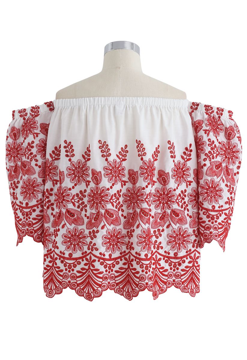 Bright Red Embroidered Off-Shoulder Top