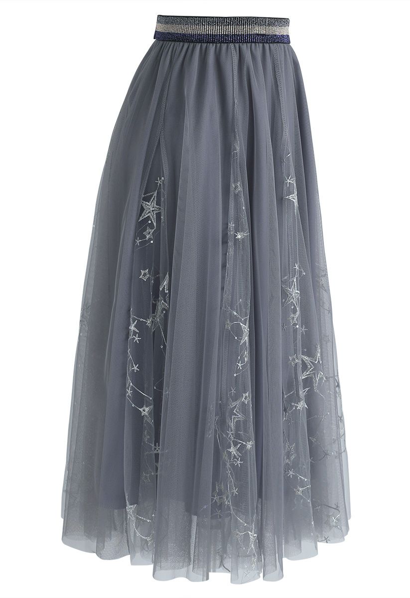 Dazzling Stars Tulle Midi Skirt in Grey