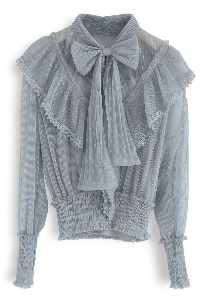 All We Know Bowknot Ruffle Mesh Top in Dusty Blue