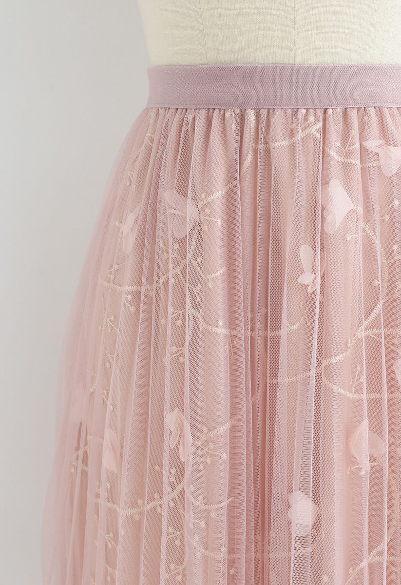 Florescent Dreams Mesh Pleated Tulle Midi Skirt in Pink