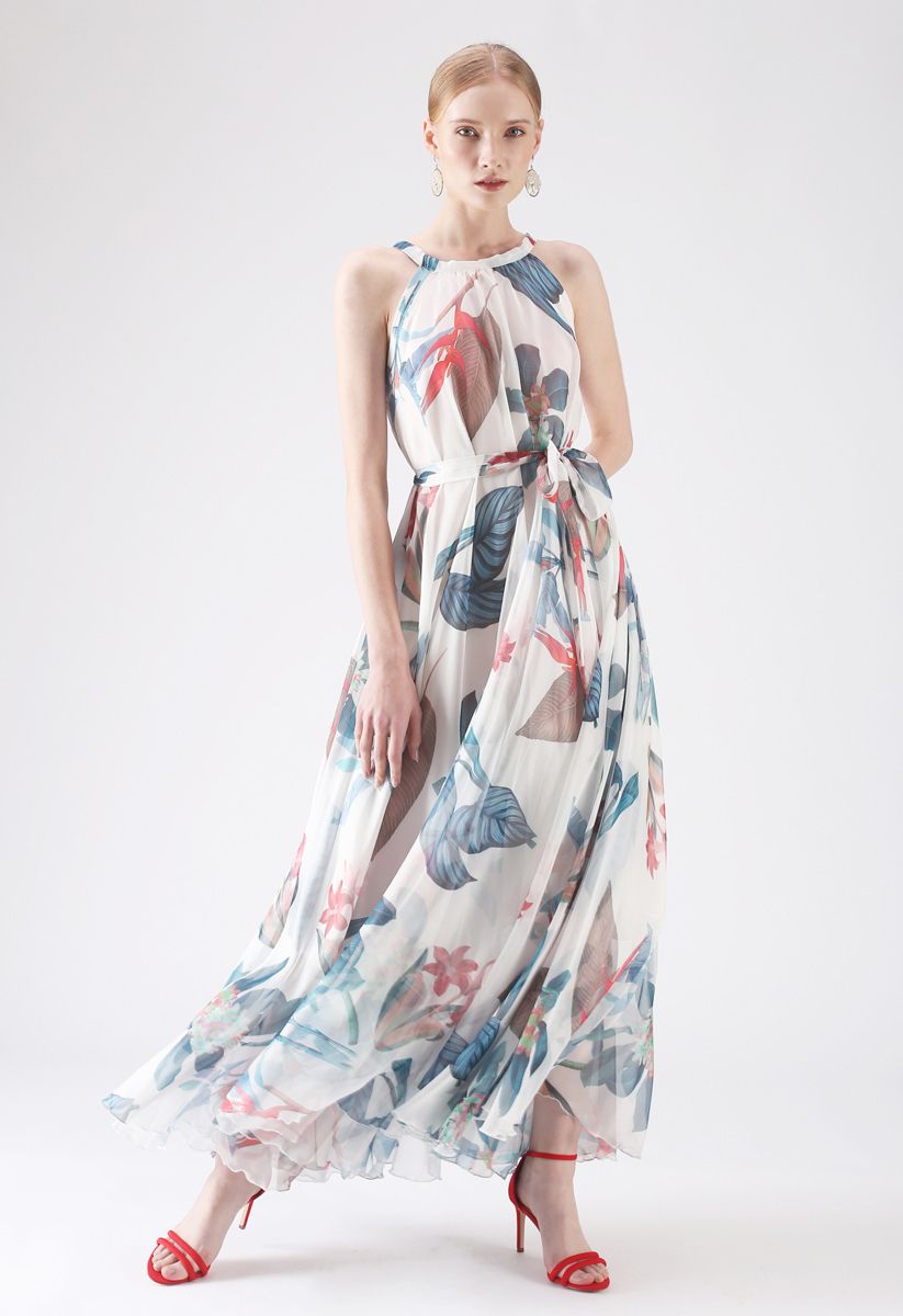 Tropical Floral Watercolor Maxi Slip Dress in White