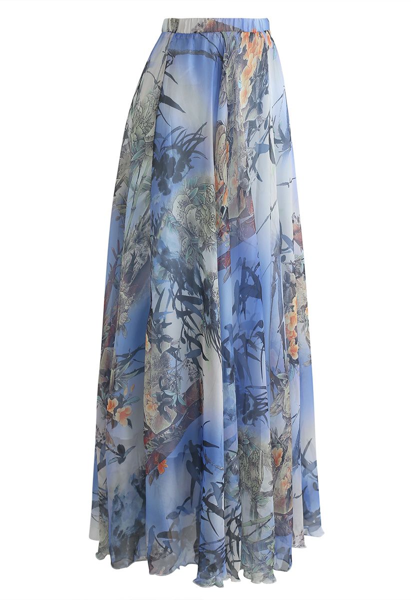 Bamboo Watercolor Maxi Skirt in Blue - Retro, Indie and Unique Fashion