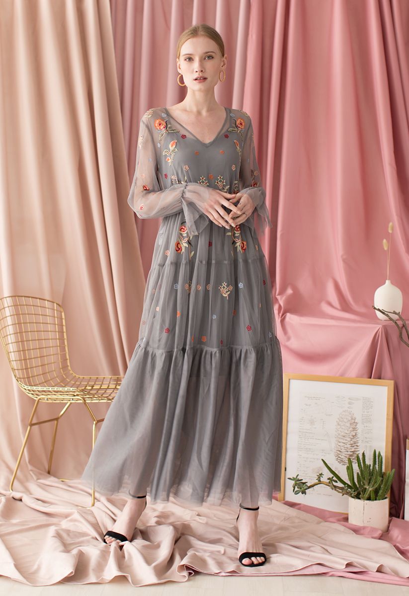 Garden Stunner Embroidered Mesh Maxi Dress in Grey 