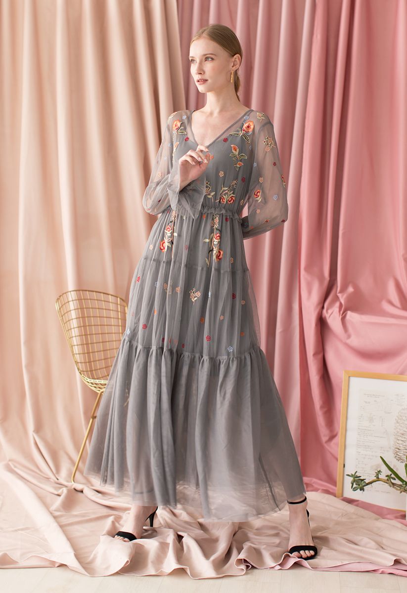 Garden Stunner Embroidered Mesh Maxi Dress in Grey 