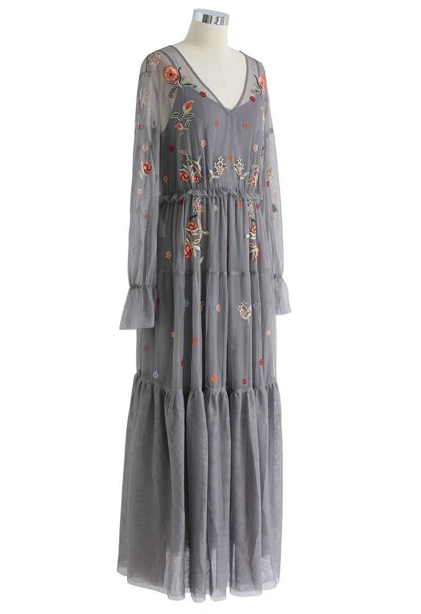 Garden Stunner Embroidered Mesh Maxi Dress in Grey 