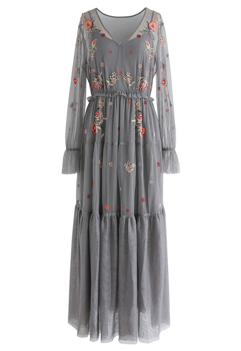 Garden Stunner Embroidered Mesh Maxi Dress in Grey 