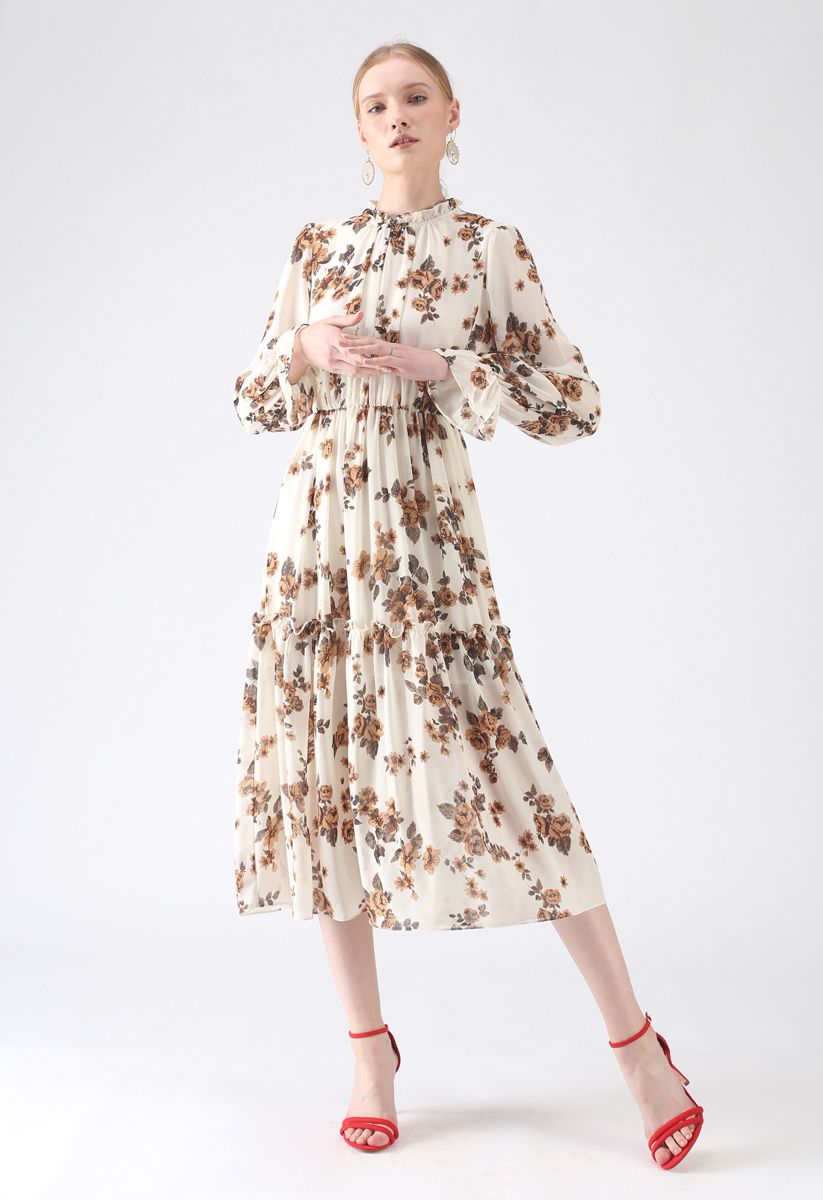 Roll with It Floral Chiffon Dress in Cream