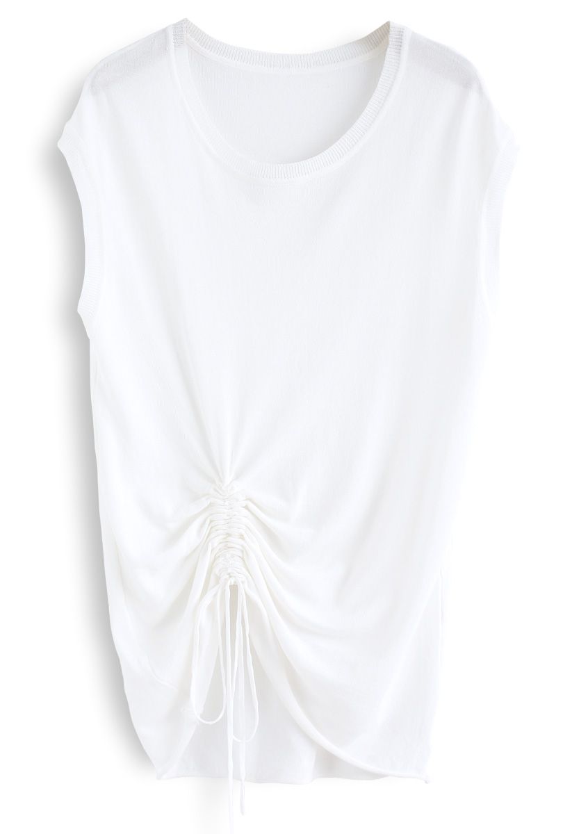Break Free Drawstring Sleeveless Knit Top in White