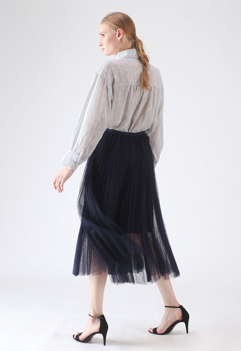 Turn the Night Up Pleated Mesh Skirt in Navy