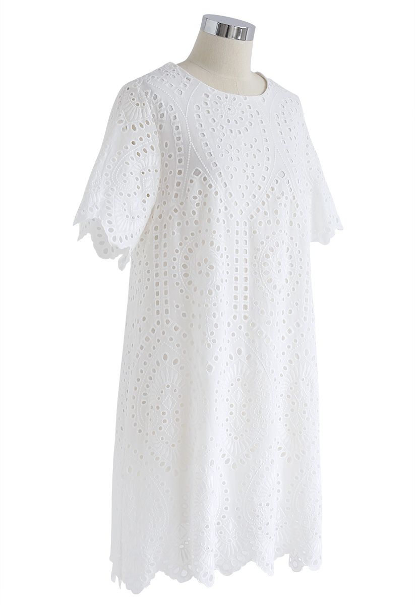 Slow Down Embroidered Eyelet Shift Dress in White - Retro, Indie and ...