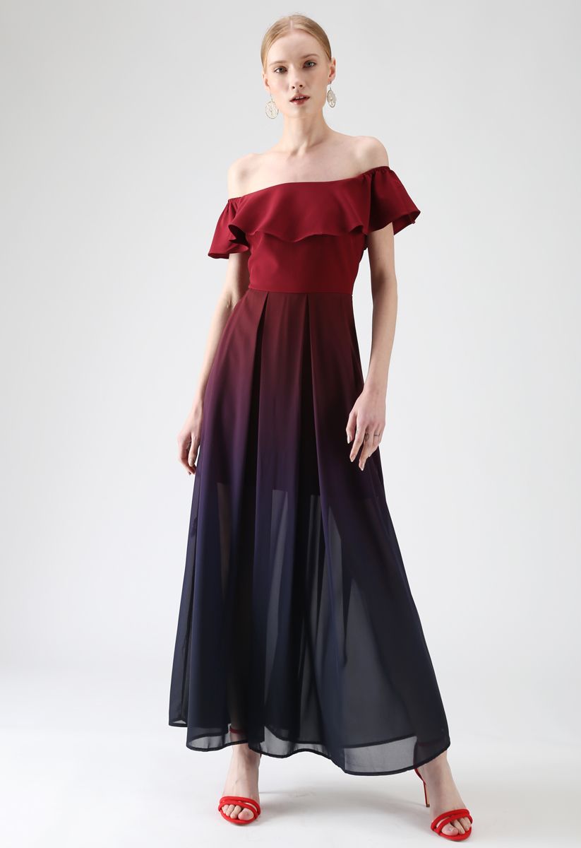 Gradient Revelry Off-Shoulder Dress in Wine 