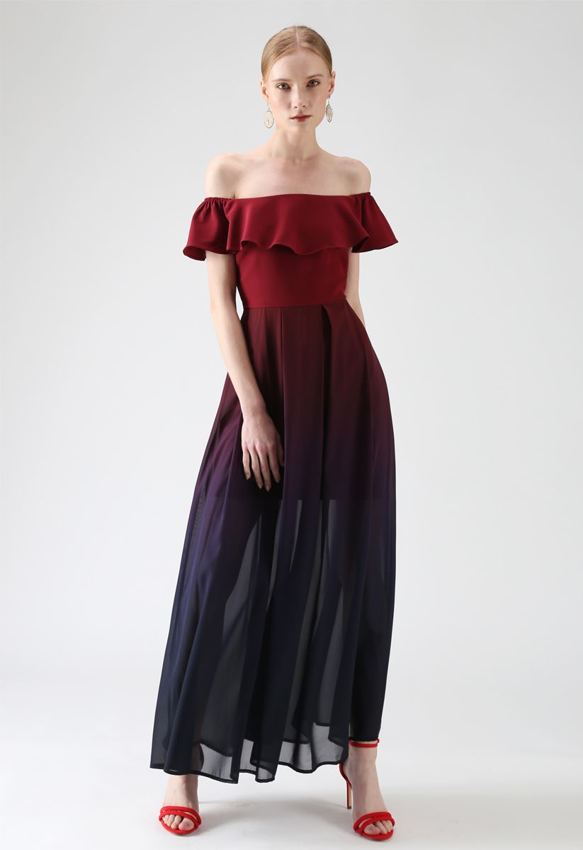 Gradient Revelry Off-Shoulder Dress in Wine 